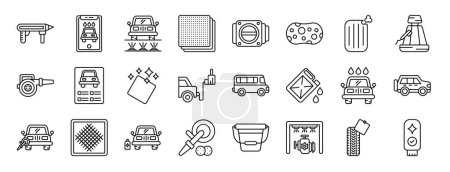 Illustration for Set of 24 outline web car wash icons such as foam gun, car wash, undercarriage, abrasive, throttle, sponge, clay vector icons for report, presentation, diagram, web design, mobile app - Royalty Free Image