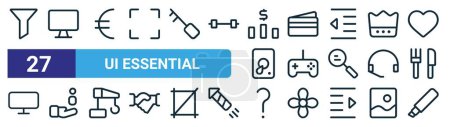 set of 27 outline web ui essential icons such as funnel, display, euro, credit, game, , help, vector thin line icons for web design, mobile