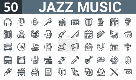 Ilustración de Conjunto de 50 iconos de la música de jazz web esquema tales como auriculares, soporte de música, micrófono, maracas, radio, caso, arpa vector iconos delgados para el informe, presentación, diagrama, diseño web, aplicación móvil. - Imagen libre de derechos