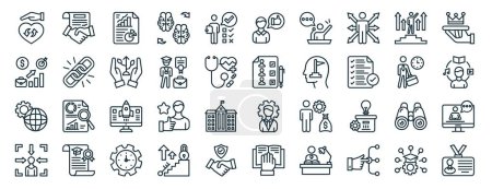 Illustration for Set of 40 outline web career and leadership icons such as contract, career, configuration, concentrate, working time, membership, feedback icons for report, presentation, diagram, web design, mobile - Royalty Free Image
