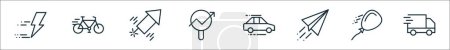 Illustration for Outline set of speed related line icons. linear vector icons such as lightning bolts, bicylce, firecracker, seo, car speed, paper plane, balloon, fast delivery - Royalty Free Image