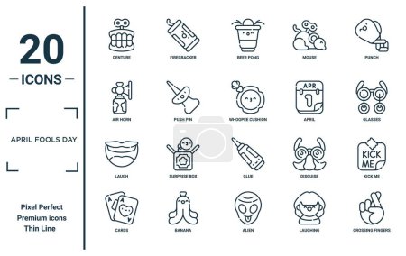 Illustration for April fools day linear icon set. includes thin line denture, air horn, laugh, cards, crossing fingers, whoopee cushion, kick me icons for report, presentation, diagram, web design - Royalty Free Image