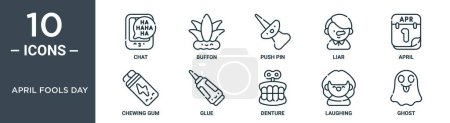 Illustration for April fools day outline icon set includes thin line chat, buffon, push pin, liar, april, chewing gum, glue icons for report, presentation, diagram, web design - Royalty Free Image