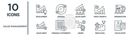 Ilustración de Conjunto de iconos de esquema de gestión de ventas, como desarrollo de línea delgada, agente de ventas, presentación, estados financieros, meta de alcance, cálculo, iconos de agente de ventas para informe, presentación, diagrama, web - Imagen libre de derechos
