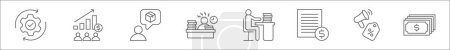 Ilustración de Esquema conjunto de iconos de línea de gestión de ventas. iconos vectoriales lineales como ejecución, agente de ventas, demanda, carga de trabajo, carga de trabajo, estados financieros, promoción, dinero - Imagen libre de derechos