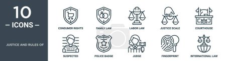 justice and rules of outline icon set includes thin line consumer rights, family law, labor law, justice scale, courthouse, suspected, police badge icons for report, presentation, diagram, web