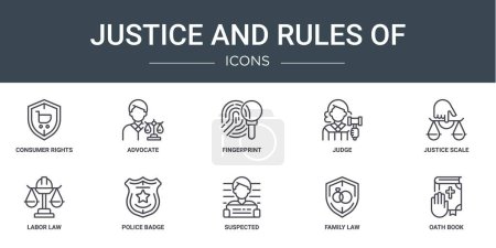 set of 10 outline web justice and rules of icons such as consumer rights, advocate, fingerprint, judge, justice scale, labor law, police badge vector icons for report, presentation, diagram, web
