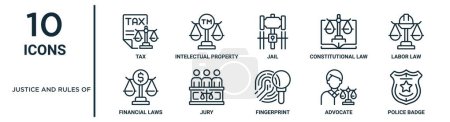 justice and rules of outline icon set such as thin line tax, jail, labor law, jury, advocate, police badge, financial laws icons for report, presentation, diagram, web design