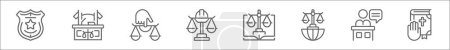 outline set of justice and rules of line icons. linear vector icons such as police badge, courthouse, justice scale, labor law, constitutional law, international law, witness, oath book