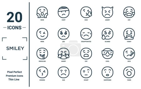 Illustration for Smiley linear icon set. includes thin line wow, wink, drooling, kissing, yawn, disappointed, sick icons for report, presentation, diagram, web design - Royalty Free Image