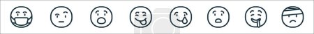 Illustration for Outline set of smiley line icons. linear vector icons such as mask, doubt, shocked, joke, happy, surprised, drooling, hurt - Royalty Free Image