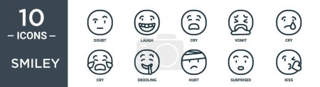 Illustration for Smiley outline icon set includes thin line doubt, laugh, cry, vomit, cry, cry, drooling icons for report, presentation, diagram, web design - Royalty Free Image