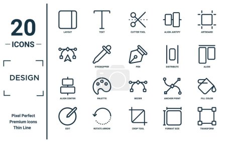 design linear icon set. includes thin line layout, , align center, edit, transform, pen, fill color icons for report, presentation, diagram, web design