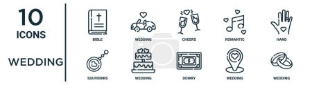 jeu d'icônes de contour de mariage tels que la bible fine ligne, acclamations, main, mariage, mariage, icônes souvenirs pour rapport, présentation, diagramme, conception web