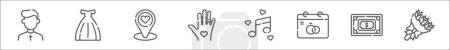 aperçu ensemble d'icônes de ligne de mariage. icônes vectorielles linéaires telles que prêtre, mariage, mariage, main, romantique, dot, fleur