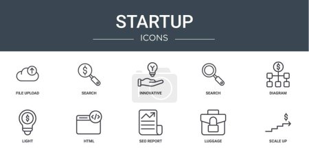 set of 10 outline web startup icons such as file upload, search, innovative, search, diagram, light, html vector icons for report, presentation, diagram, web design, mobile app
