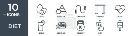 Ilustración de Conjunto de iconos de esquema de dieta incluye huevos de línea delgada, nutrición, saltar la cuerda, ejercicio, corazón, bebida, sin iconos de hamburguesa para el informe, presentación, diagrama, diseño web - Imagen libre de derechos