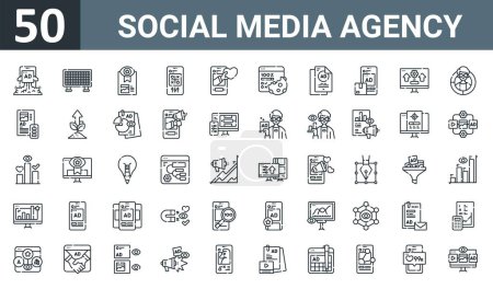 Illustration for Set of 50 outline web social media agency icons such as ad, pixel, monitoring, tings, followers, cookies, ad vector thin icons for report, presentation, diagram, web design, mobile app. - Royalty Free Image