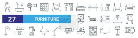 Illustration for Set of 27 outline web furniture icons such as chair, bath tub, blower, bench, sun bed, kitchen, sink, power plug vector thin line icons for web design, mobile app. - Royalty Free Image