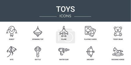 Ilustración de Conjunto de 10 iconos de juguetes web esquema tales como robot, peonza, plano, cartas de juego, oso de peluche, cometa, iconos de vector de sonajero para el informe, presentación, diagrama, diseño web, aplicación móvil - Imagen libre de derechos