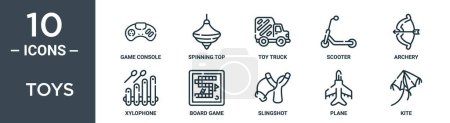 Ilustración de Conjunto de iconos de contorno de juguetes incluye consola de juegos de línea delgada, peonza, camión de juguete, scooter, tiro con arco, xilófono, iconos de juegos de mesa para el informe, presentación, diagrama, diseño web - Imagen libre de derechos