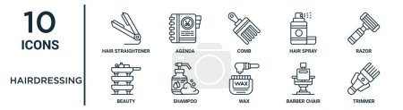 Illustration for Hairdressing outline icon set such as thin line hair straightener, comb, razor, shampoo, barber chair, trimmer, beauty icons for report, presentation, diagram, web design - Royalty Free Image