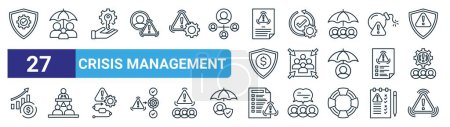 Illustration for Set of 27 outline web crisis management icons such as security, family insurance, solution, recovery, assembly point, press conference, compliance, warning vector thin line icons for web design, - Royalty Free Image