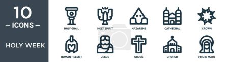 Illustration for Holy week outline icon set includes thin line holy grail, holy spirit, nazarene, cathedral, crown, roman helmet, jesus icons for report, presentation, diagram, web design - Royalty Free Image