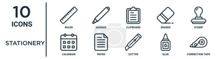 Illustration for Stationery outline icon set such as thin line ruler, clipboard, stamp, paper, glue, correction tape, calendar icons for report, presentation, diagram, web design - Royalty Free Image