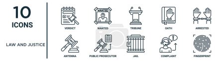 Recht und Gerechtigkeit umreißen Symbolset wie dünne Linie Urteil, Tribüne, verhaftet, Staatsanwalt, Beschwerde, Fingerabdruck, Antennensymbole für Bericht, Präsentation, Diagramm, Webdesign