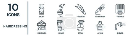 Illustration for Hairdressing outline icon set such as thin line brush, tweezers, trimmer, cream, apron, shower, hair salon icons for report, presentation, diagram, web design - Royalty Free Image
