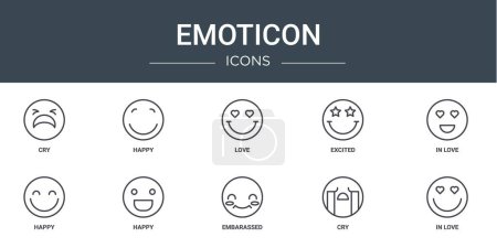 Illustration for Set of 10 outline web emoticon icons such as cry, happy, love, excited, in love, happy, happy vector icons for report, presentation, diagram, web design, mobile app - Royalty Free Image