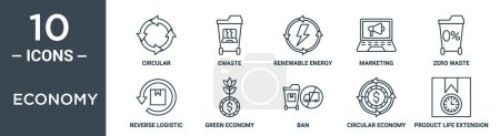 Wirtschaft umreißt Symbolset umfasst dünne Linie Kreislauf, ewaste, erneuerbare Energien, Marketing, Null Abfall, umgekehrte Logistik, grüne Wirtschaft Symbole für Bericht, Präsentation, Diagramm, Webdesign