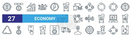 Ilustración de Conjunto de 27 iconos de la economía web esquema tales como remanufactura,, ventas, recursos, economía circular, economía verde, código, iconos de línea delgada vector reciclable para el diseño web, aplicación móvil. - Imagen libre de derechos