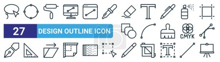 conjunto de 27 iconos contorno diseño web icono contorno como herramienta de lazo, seleccionar, rodillo, tipo, bezier, regla, lápiz, pintura stand vector delgada línea iconos para el diseño web, aplicación móvil.