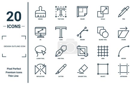 design outline icon linear icon set. includes thin line brush, de, lasso tool, reflection, artboard, bezier, bezier icons for report, presentation, diagram, web design