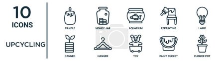 upcycling outline icon set such as thin line candle, aquarium, lamp, hanger, paint bucket, flower pot, canned icons for report, presentation, diagram, web design