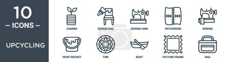 upcycling ensemble d'icônes de contour comprend ligne mince en conserve, peinture, couture hine, patchwork, couture, seau de peinture, icônes de pneu pour rapport, présentation, diagramme, conception web