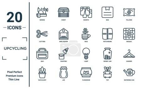 upcycling linear icon set. includes thin line sewing, cutting, bag, succulent, watering can, mug, hanger icons for report, presentation, diagram, web design