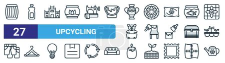 set of 27 outline web upcycling icons such as barrel, bottle, fort, tire, repainting, hanger, candle, watering can vector thin line icons for web design, mobile app.