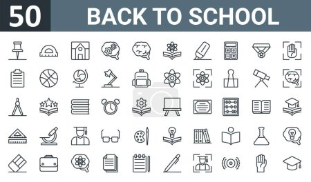 set of 50 outline web back to school icons such as push pin, ruler, school, brain process, brain, science book, highlighter vector thin icons for report, presentation, diagram, web design, mobile