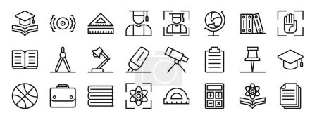 set of 24 outline web back to school icons such as education, alarm bell, ruler, graduate avatar, focus, globe, document vector icons for report, presentation, diagram, web design, mobile app