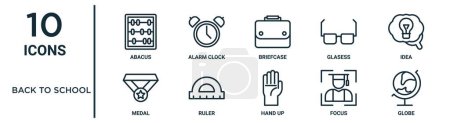 back to school outline icon set such as thin line abacus, briefcase, idea, ruler, focus, globe, medal icons for report, presentation, diagram, web design