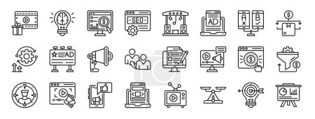 set of 24 outline web marketing and growth icons such as giveaway, idea, market research, report, trade show, ads, ab testing vector icons for report, presentation, diagram, web design, mobile app