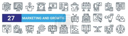 set of 27 outline web marketing and growth icons such as judge, market research, market positioning, publicity, website de, information, statistics, target audience vector thin line icons for web
