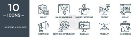 Das Marketing- und Wachstumssymbolset umfasst Thin Line Report, Online-Werbung, Marktpositionierung, Content, Report, Megaphon, kontinuierliche Verbesserungssymbole für Bericht, Präsentation, Diagramm,