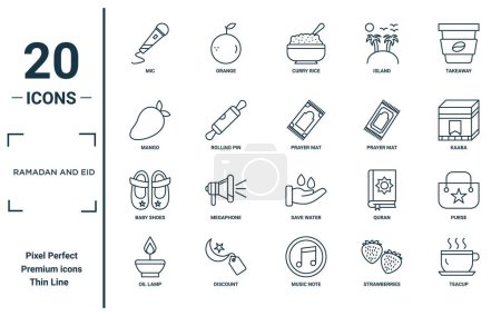 ramadan and eid linear icon set. includes thin line mic, mango, baby shoes, oil lamp, teacup, prayer mat, purse icons for report, presentation, diagram, web design
