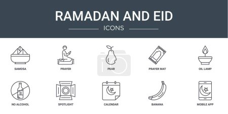 set of 10 outline web ramadan and eid icons such as samosa, prayer, pear, prayer mat, oil lamp, no alcohol, spotlight vector icons for report, presentation, diagram, web design, mobile app