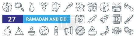 set of 27 outline web ramadan and eid icons such as no alcohol, tasbih, pear, baby shoes, rolling pin, landscape, pizza, strawberries vector thin line icons for web design, mobile app.