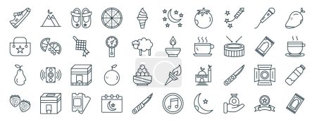 Set von 40 umrissenen Web-Ramadan und eid-Symbole wie Landschaft, Geldbörse, Birne, Erdbeeren, Gebetsmatte, Mango, Mond-Symbole für Bericht, Präsentation, Diagramm, Webdesign, mobile App